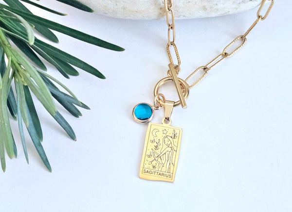 Zodiac Sign & Birthstone Necklace Constellation Tarot Card Pendant Gold Birth Month Charm on Paperclip Chain Toggle Clasp Necklace Gift