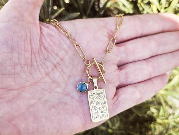 Zodiac Sign & Birthstone Necklace Constellation Tarot Card Pendant Gold Birth Month Charm on Paperclip Chain Toggle Clasp Necklace Gift