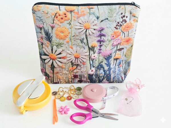 Flower Gift Set for Crochet or Knitting Bee Yarn Tension Ring and Stitch Marker Set Zipper Pouch Gift Bag Crochet and Knitting Tools
