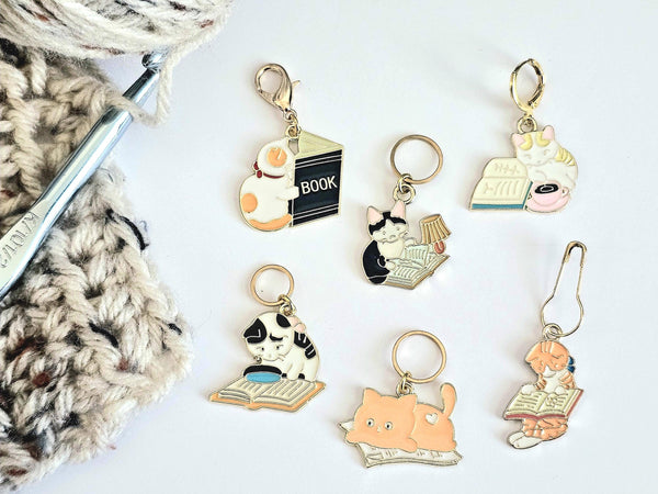 Reading Cats Stitch Markers Set of 6 Kitties with books Knitting Crochet Stitch Markers Progress Keepers Stitch Counter Place Marker