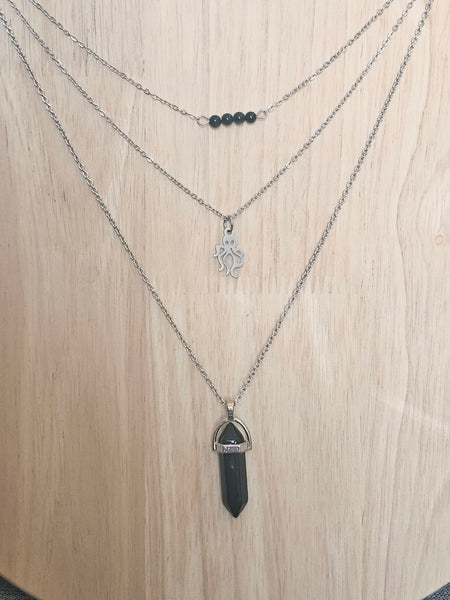 Gemstone & Charm Layered Necklace Set - Blackstone Obsidian