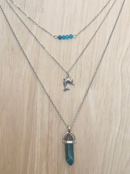 Gemstone & Charm Layered Necklace Set - Blue Agate