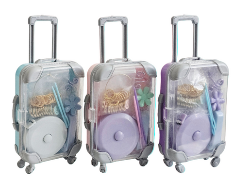 Crochet & Knitting Travel Notions Kit in Mini Suitcase Gift Box Portable Tool Set with Stitch Markers Scissors Tape Measure and Tension Ring