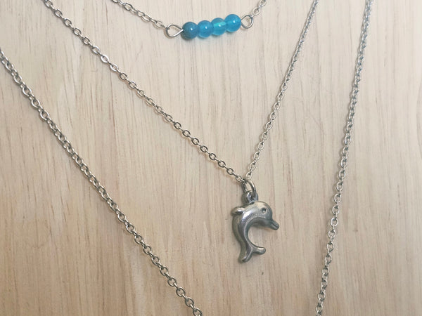 Gemstone & Charm Layered Necklace Set - Blue Agate