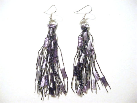 Crocheted Trellis Yarn Fringe Earrings - Grape