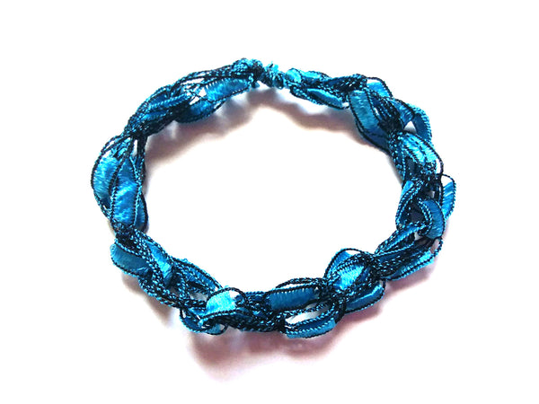 CHOOSE YOUR CHARM-Crocheted Trellis Ladder Yarn Bracelet Color Aquamarine