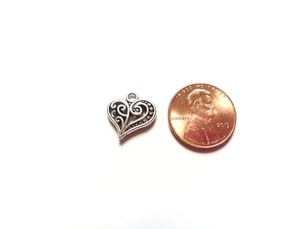 Antique Silver Fancy Heart Pendant Charms (Jump Rings Included)