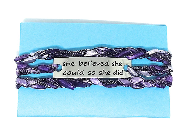 Inspirational Message Crocheted Ladder Yarn Wrap Around Bracelet - she believed she could so she did