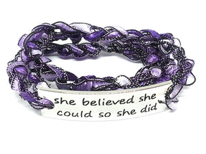 Inspirational Message Crocheted Ladder Yarn Wrap Around Bracelet - she believed she could so she did