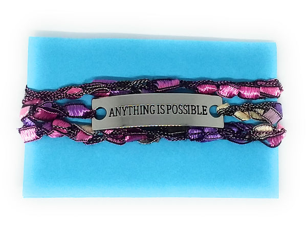 Inspirational Message Crocheted Ladder Yarn Wrap Around Bracelet - ANYTHING IS POSSIBLE