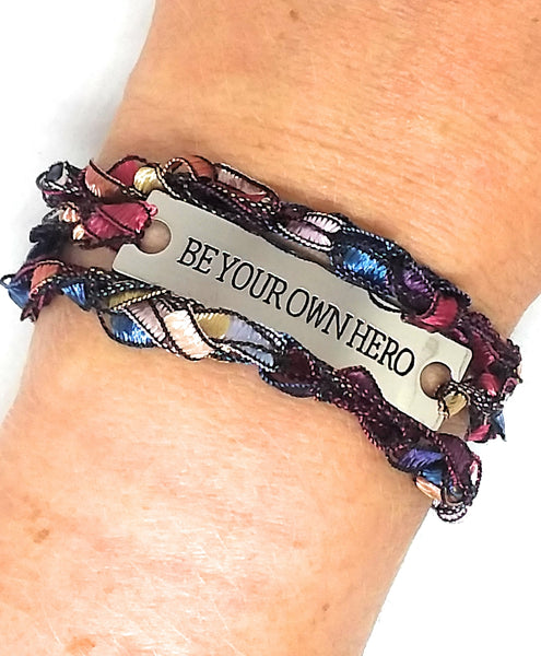 Inspirational Message Crocheted Ladder Yarn Wrap Around Bracelet - BE YOUR OWN HERO