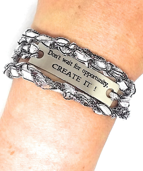 Inspirational Message Crocheted Ladder Yarn Wrap Around Bracelet - Don't wait for Opportunity CREATE IT!