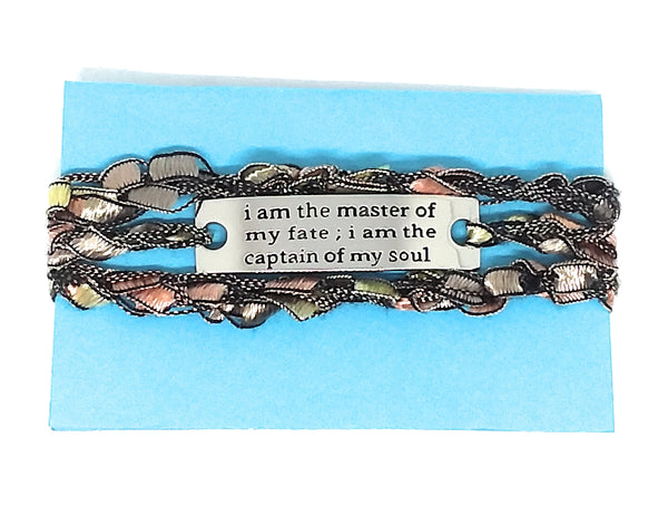 Inspirational Message Crocheted Ladder Yarn Wrap Around Bracelet - i am the master of my fate i am the captain of my soul