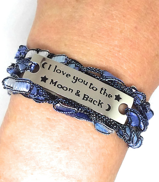 Inspirational Message Crocheted Ladder Yarn Wrap Around Bracelet - I love you to the Moon & back