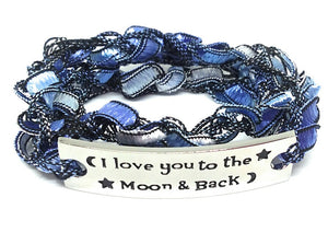 Inspirational Message Crocheted Ladder Yarn Wrap Around Bracelet - I love you to the Moon & back