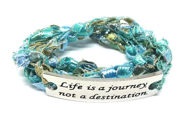 Inspirational Message Crocheted Ladder Yarn Wrap Around Bracelet - Life is a journey not a destination