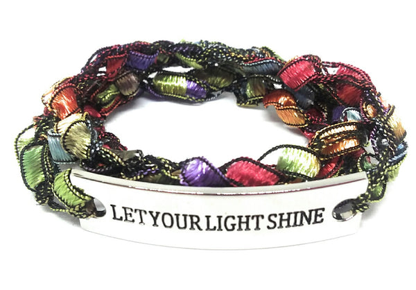 Inspirational Message Crocheted Ladder Yarn Wrap Around Bracelet - LET YOUR LIGHT SHINE