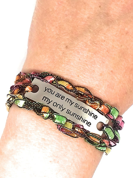 Inspirational Message Crocheted Ladder Yarn Wrap Around Bracelet - you are my sunshine my only sunshine