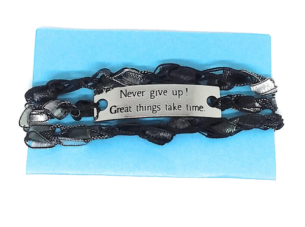 Inspirational Message Crocheted Ladder Yarn Wrap Around Bracelet - Never Give Up! Great Things Take Time.