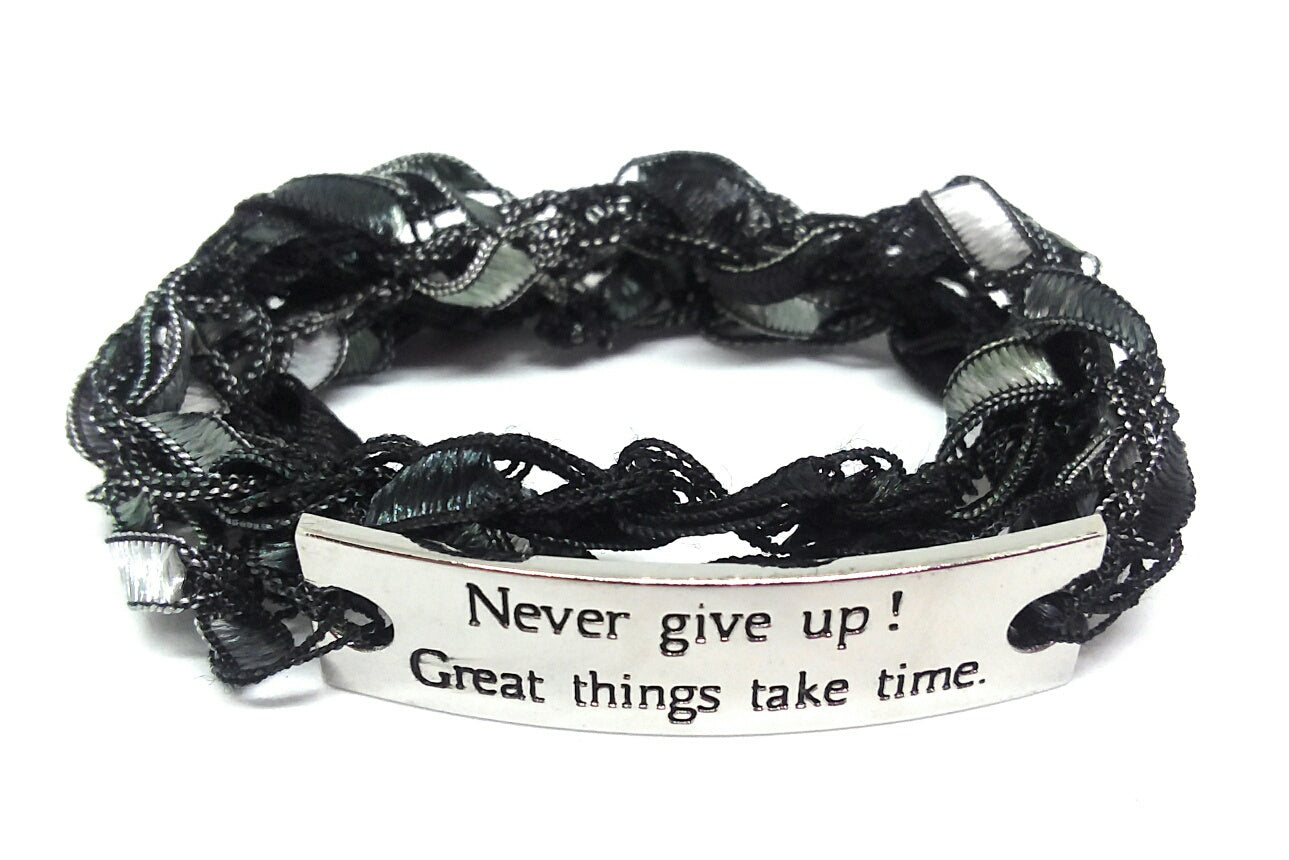 Inspirational Message Crocheted Ladder Yarn Wrap Around Bracelet - Never Give Up! Great Things Take Time.