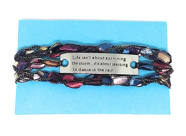 Inspirational Message Crocheted Ladder Yarn Wrap Around Bracelet - Life isn't about surviving the storm, its learning to dance in the rain