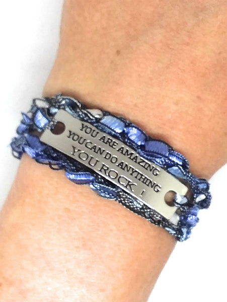 Inspirational Message Crocheted Ladder Yarn Wrap Around Bracelet - YOU ARE AMAZING YOU CAN DO ANYTHING YOU ROCK!