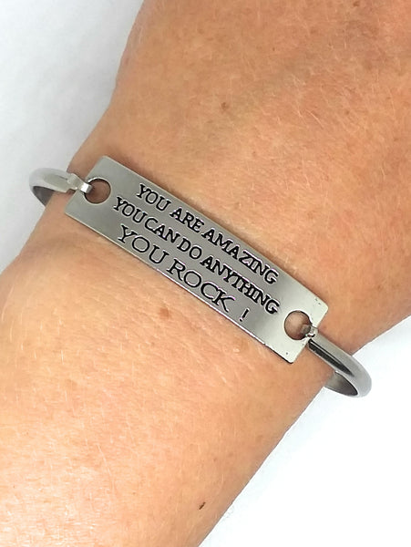 Stainless Steel Inspirational Message Connector Bangle Bracelet - YOU ARE AMAZING YOU CAN DO ANYTHING YOU ROCK!