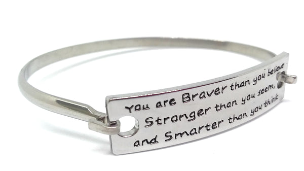 Stainless Steel Inspirational Message Connector Bangle Bracelet - You are braver than you believe stronger than you seem and smarter than you think