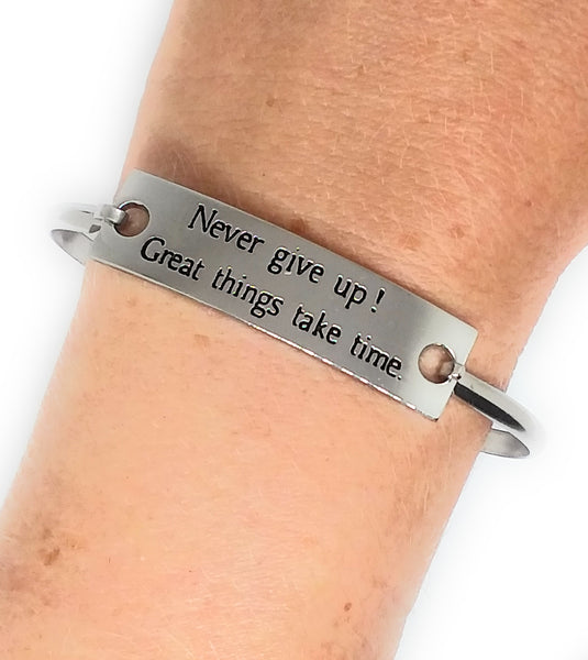 Stainless Steel Inspirational Message Connector Bangle Bracelet - Never Give Up! Great things take time.