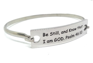 Stainless Steel Inspirational Message Connector Bangle Bracelet - Be still, and know that I am God. Psalm 46:10