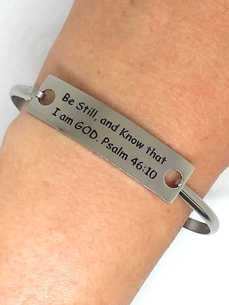 Stainless Steel Inspirational Message Connector Bangle Bracelet - Be still, and know that I am God. Psalm 46:10
