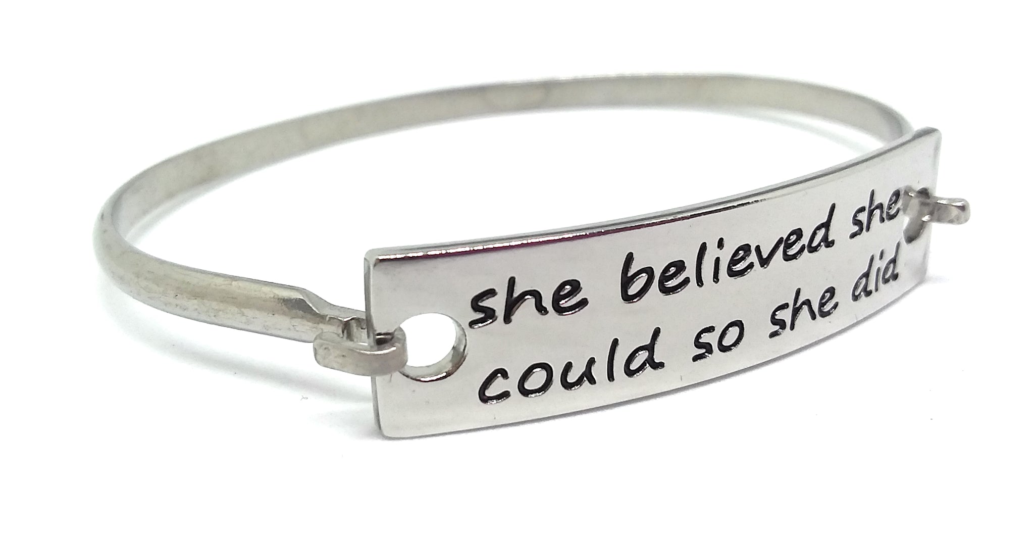 Stainless Steel Inspirational Message Connector Bangle Bracelet - she believed she could so she did