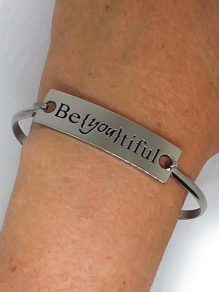Stainless Steel Inspirational Message Connector Bangle Bracelet - Be{You}tiful