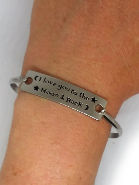 Stainless Steel Inspirational Message Connector Bangle Bracelet - I love you to the moon & back