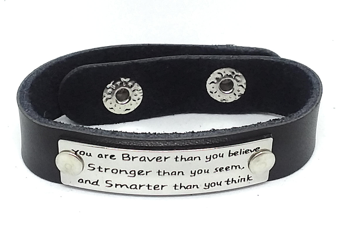 Inspirational Message Connector Leather Snap Bracelet - You are braver that you believe stronger than you seem and smarter than you think