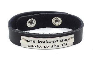Inspirational Message Connector Leather Snap Bracelet - she believed she could so she did