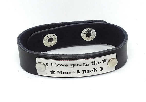 Inspirational Message Connector Leather Snap Bracelet - I love you to the moon & back