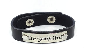 Inspirational Message Connector Leather Snap Bracelet - Be{You}tiful