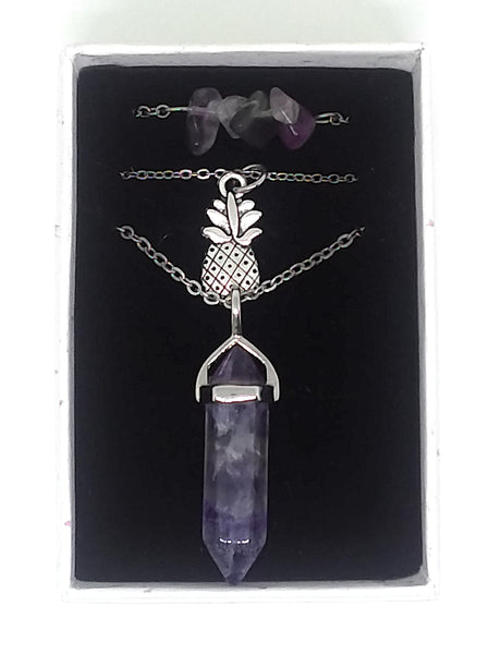 Gemstone & Charm Layered Necklace Set - Rainbow Fluorite