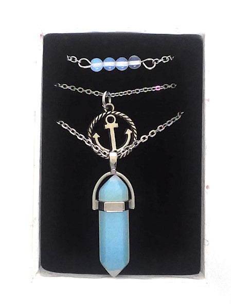 Gemstone & Charm Layered Necklace Set - Sea Opal