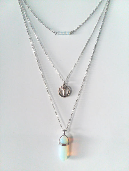 Gemstone & Charm Layered Necklace Set - Sea Opal