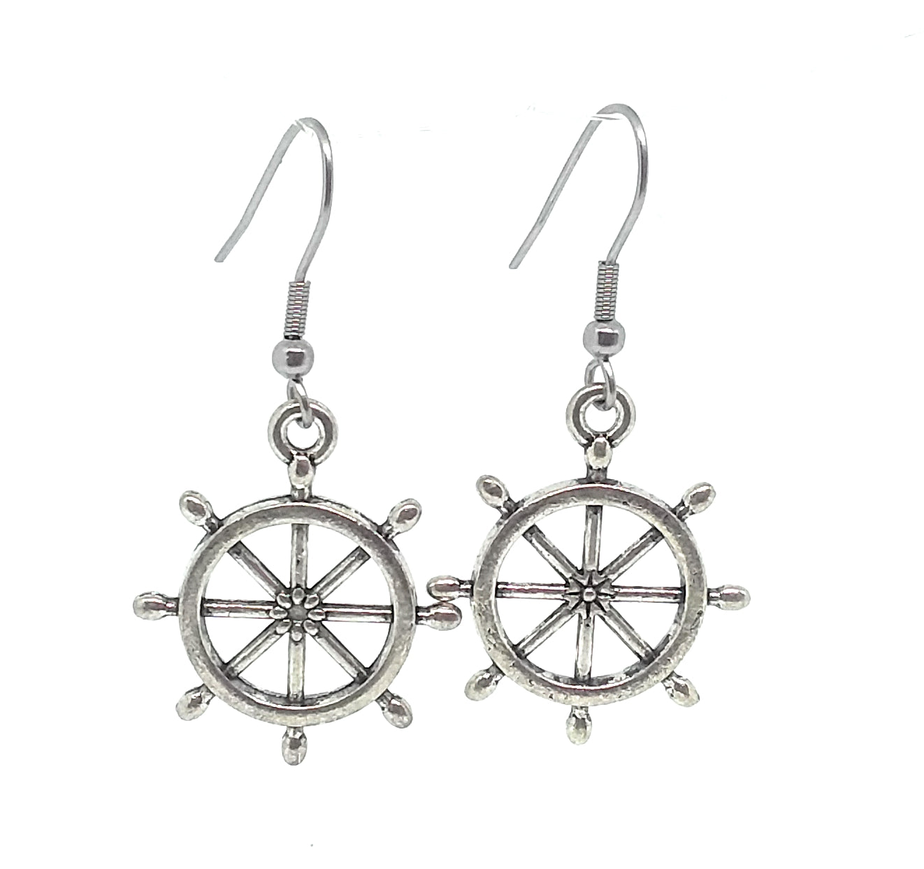 Ship's Wheel Charm Dangle Earrings with Stainless Steel Ear Wires