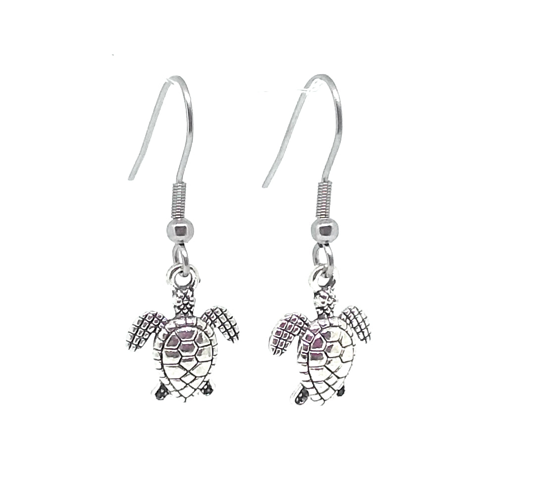 Sea Turtle Charm Dangle Earrings with Stainless Steel Ear Wires
