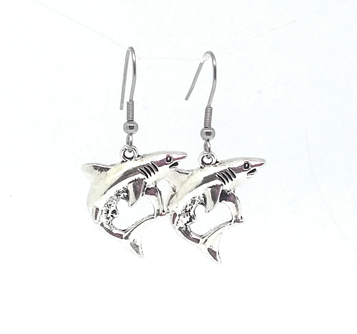 Shark Dangle Earrings with Stainless Steel Ear Wires