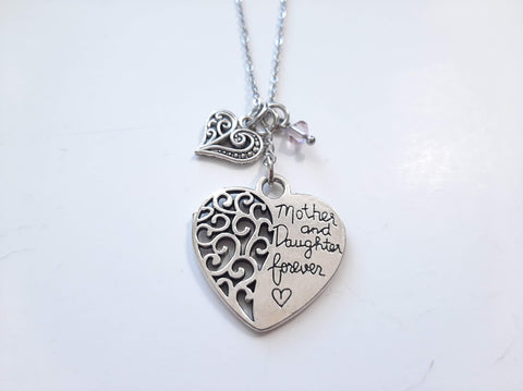 Mother Message Pendant Necklace "Mother & Daughter Forever" Your Choice of Charm and Birthstone Color