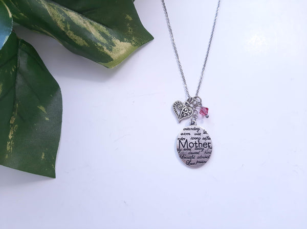 Mother Message Pendant Necklace "Mother" Your Choice of Charm and Birthstone Color
