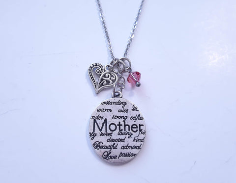 Mother Message Pendant Necklace. Choose Your Crystal. Gift for Mom.. 