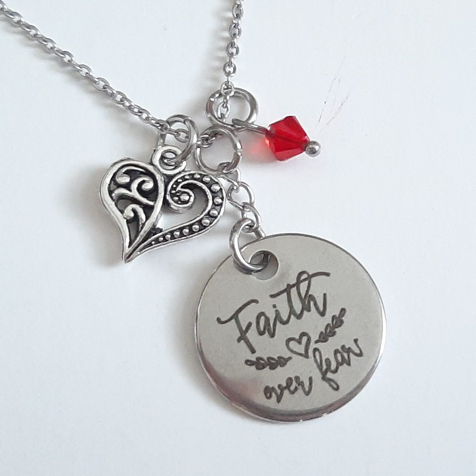 Christian Inspirational Message Pendant Necklace "Faith Over Fear" Your Choice of Charm and Birthstone Color