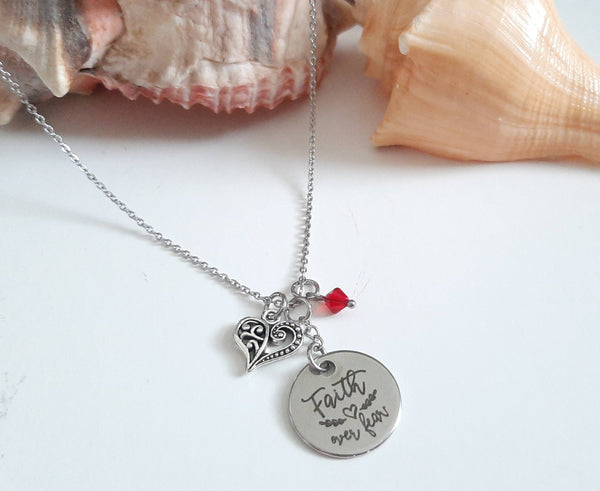 Christian Inspirational Message Pendant Necklace "Faith Over Fear" Your Choice of Charm and Birthstone Color