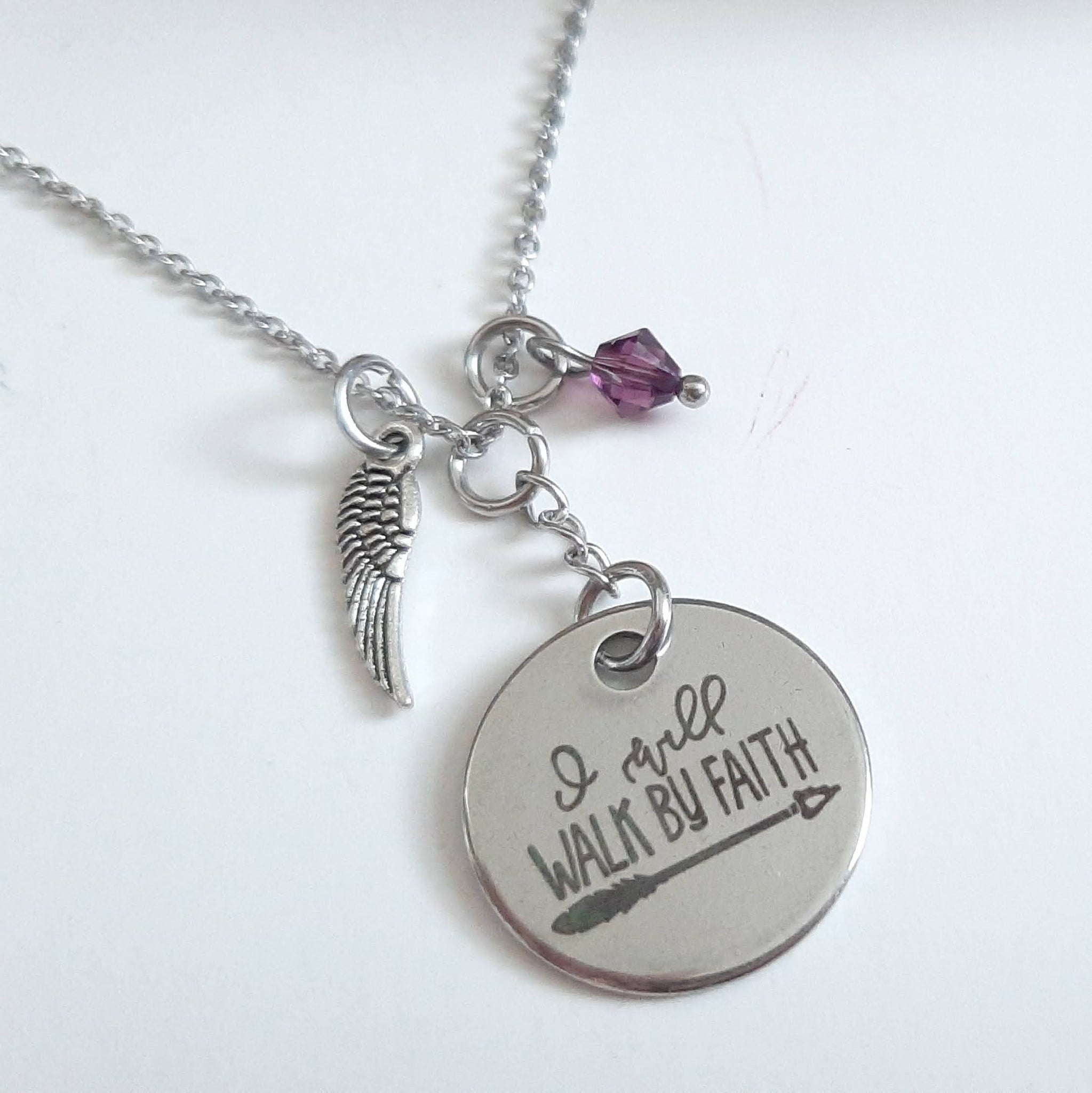 Christian Inspirational Message Pendant Necklace "I Will Walk By Faith" Your Choice of Charm and Birthstone Color